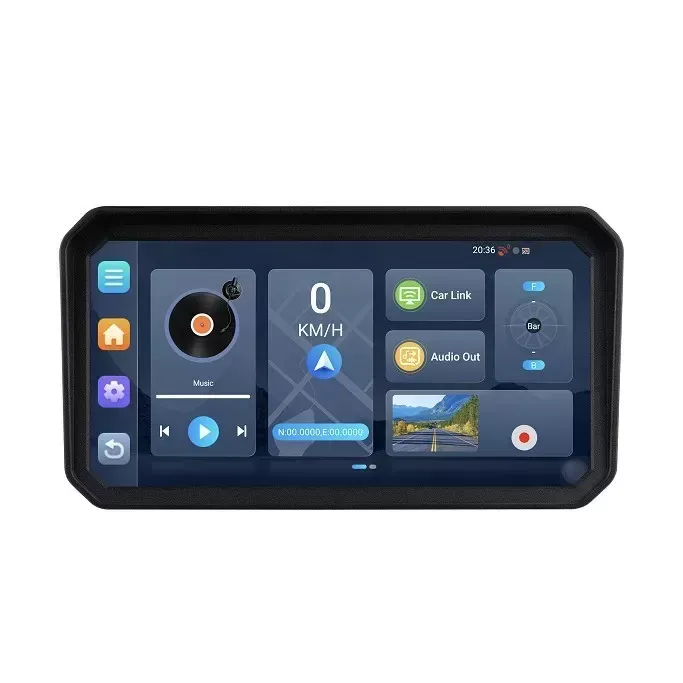 Pantalla Android para moto mostrando velocidad, música y apps