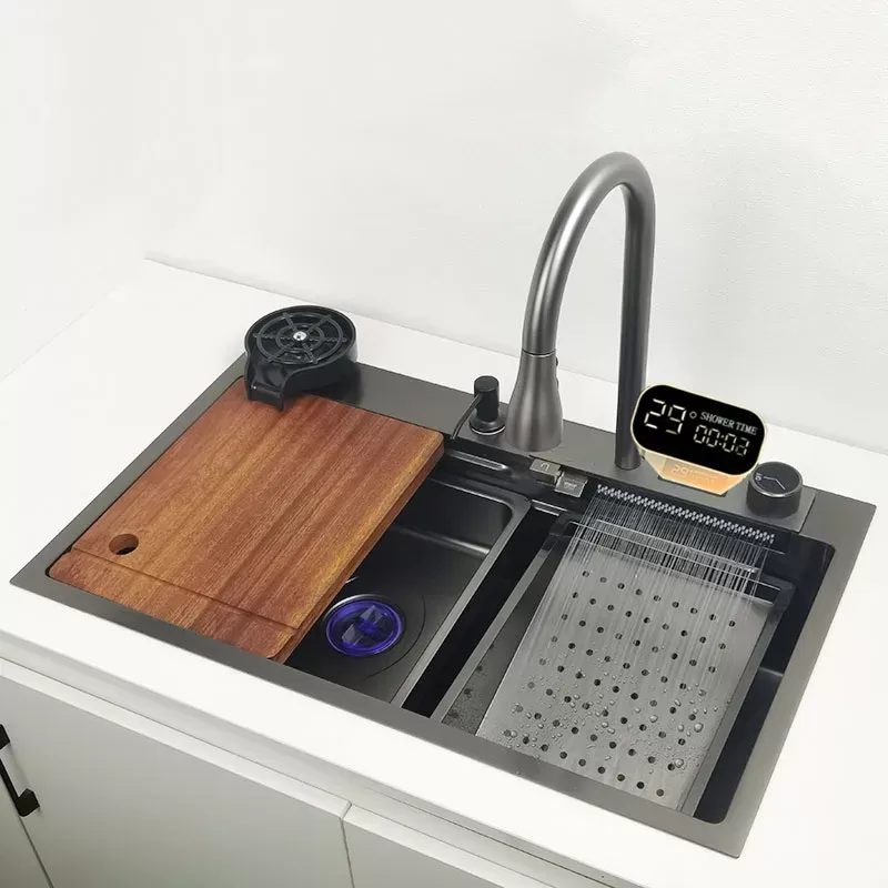 Fregadero de cascada de acero inoxidable para cocina montaje superior Nano con tabla de cortar pantalla jpg